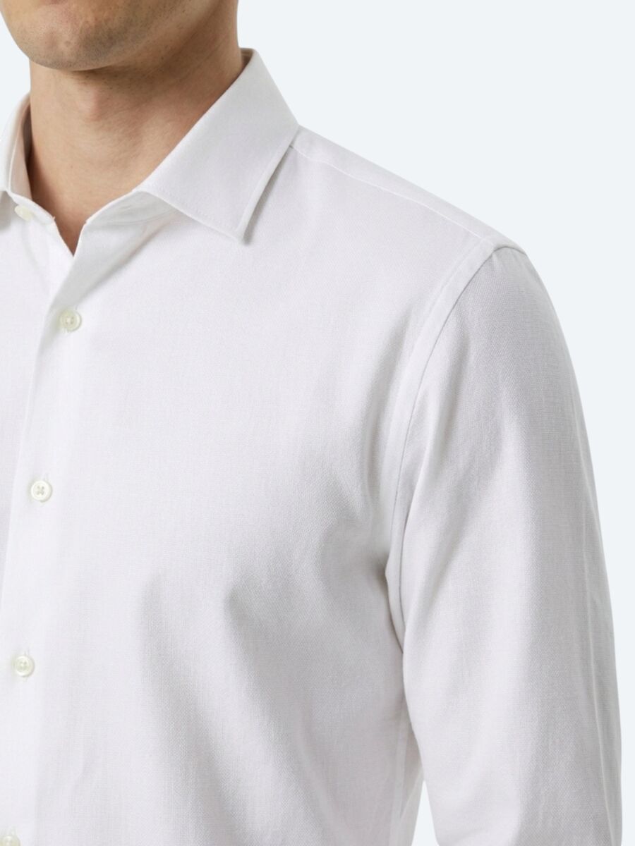 White Plain Regular Fit Long Weaving Casual Cotton Blended Shirt - 3