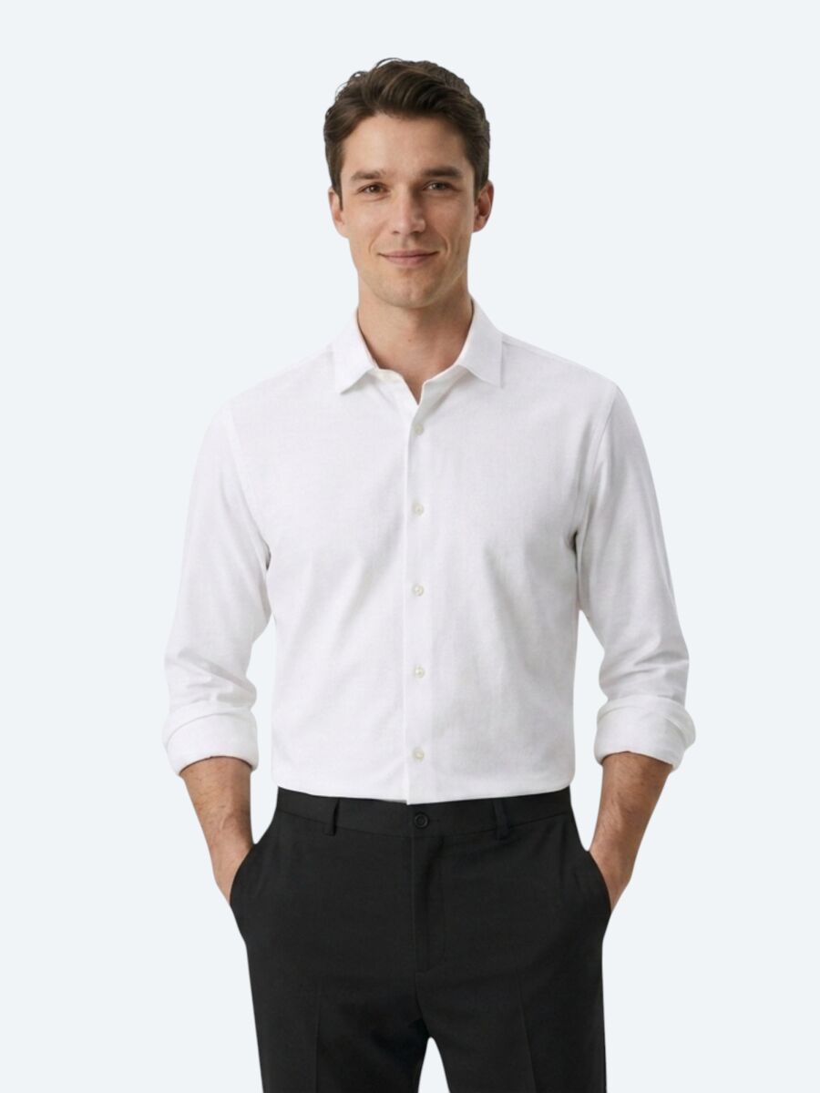 White Plain Regular Fit Long Weaving Casual Cotton Blended Shirt - 4