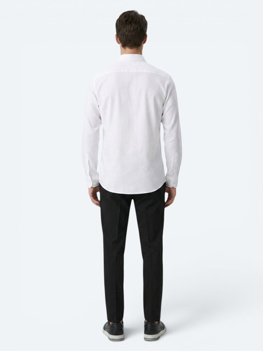 White Plain Regular Fit Long Weaving Casual Cotton Blended Shirt - 5