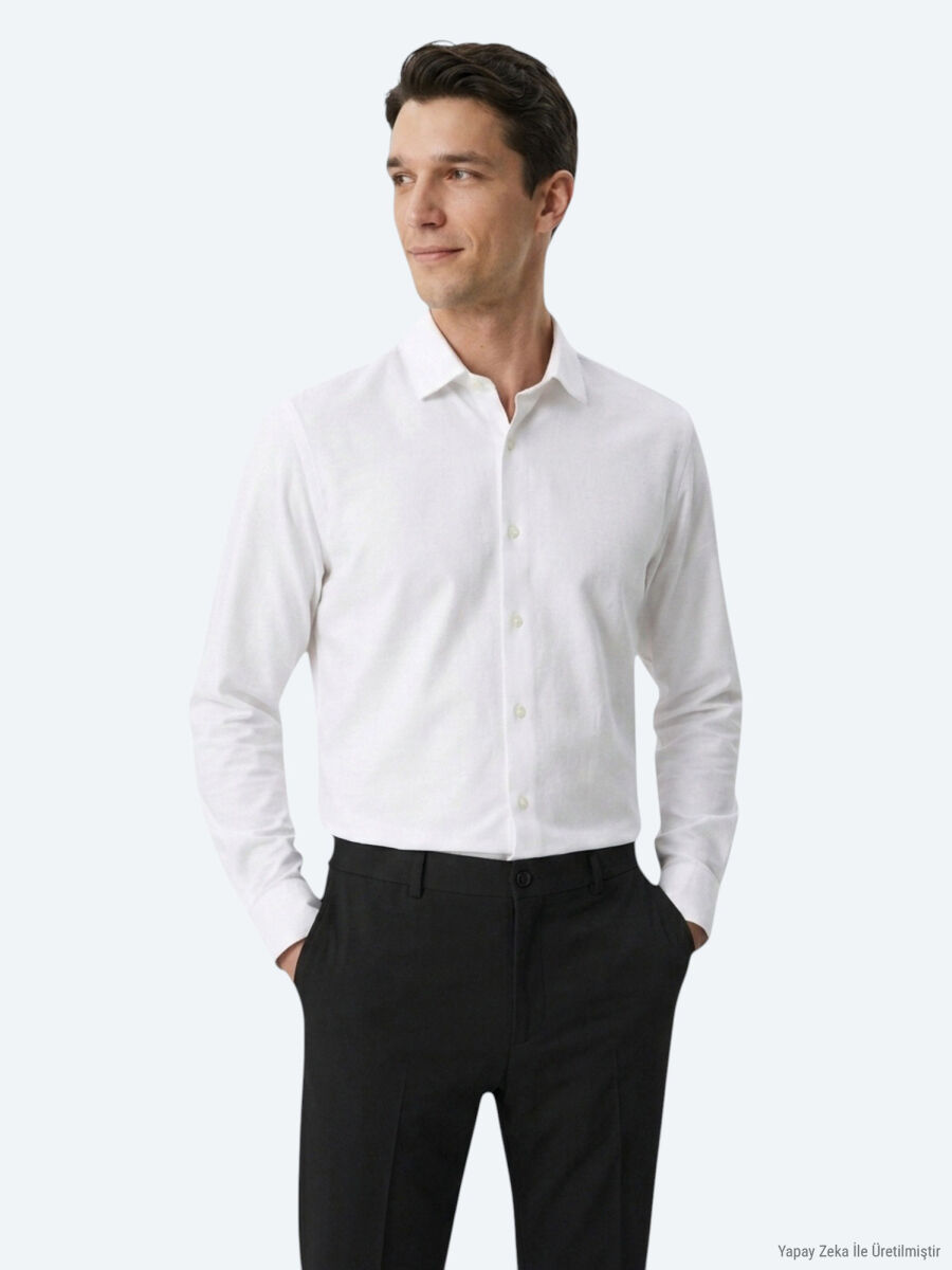 White Plain Regular Fit Long Weaving Casual Cotton Blended Shirt - 1