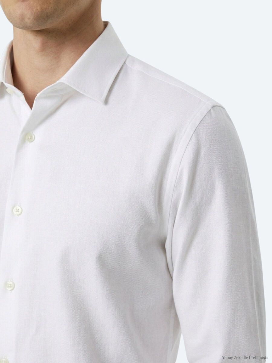 White Plain Regular Fit Long Weaving Casual Cotton Blended Shirt - 3