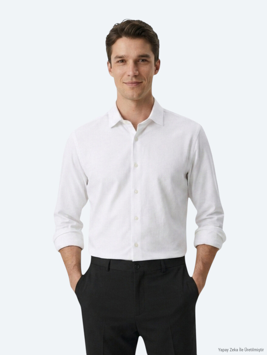 White Plain Regular Fit Long Weaving Casual Cotton Blended Shirt - 4