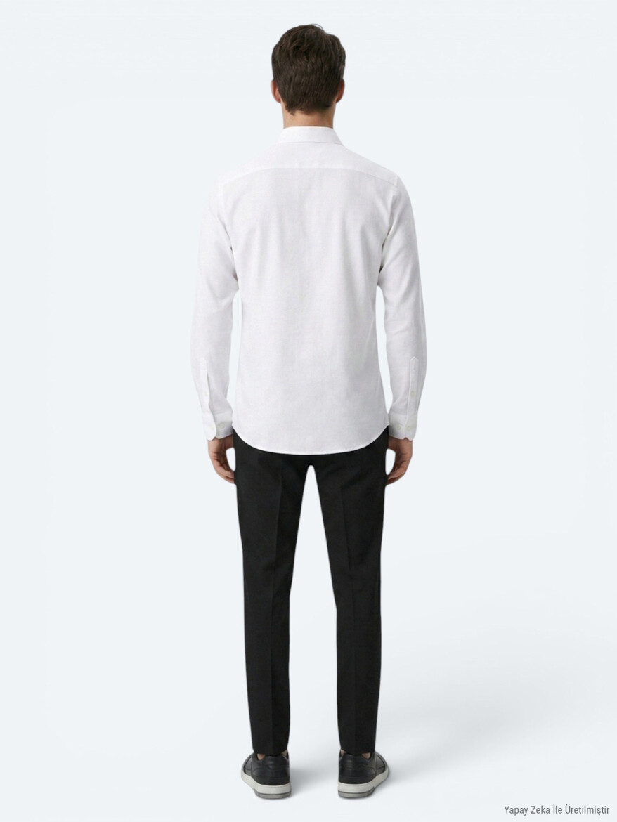 White Plain Regular Fit Long Weaving Casual Cotton Blended Shirt - 5