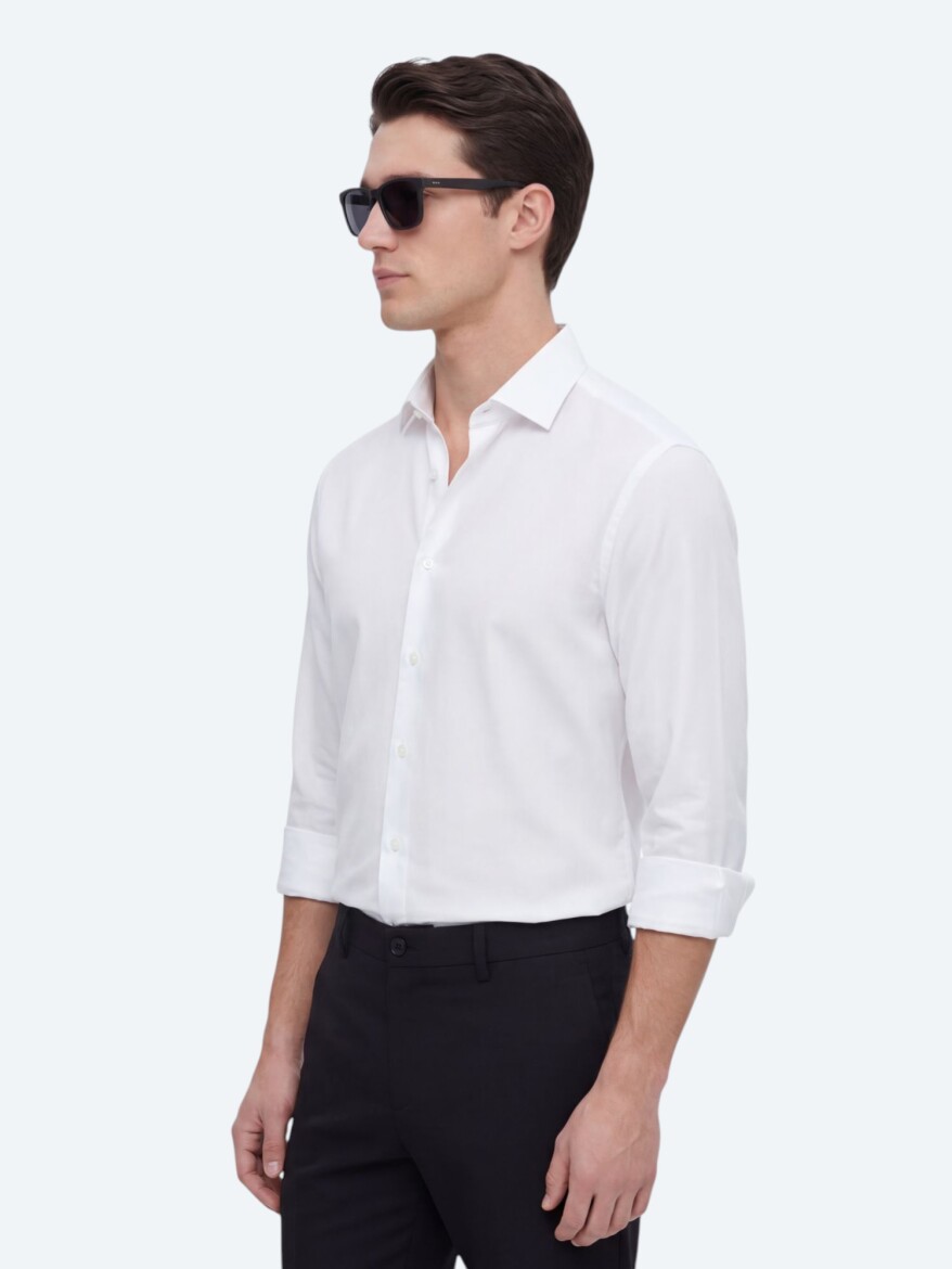 White Plain Regular Fit Long Weaving Casual Shirt - 3
