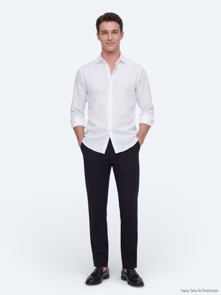 White Plain Regular Fit Long Weaving Casual Shirt - KİP