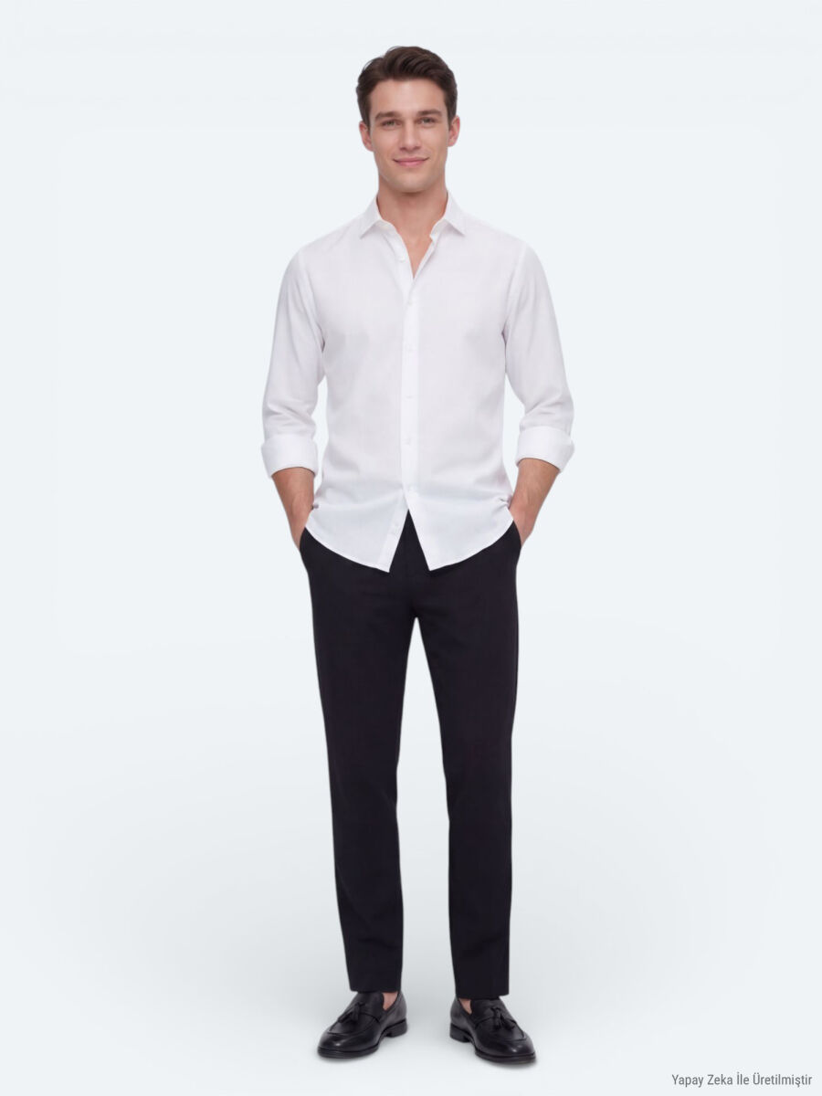 White Plain Regular Fit Long Weaving Casual Shirt - 1