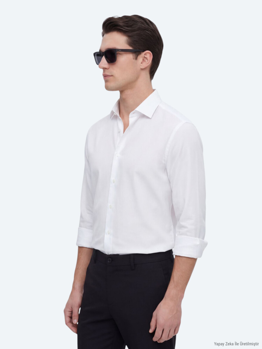 White Plain Regular Fit Long Weaving Casual Shirt - 3