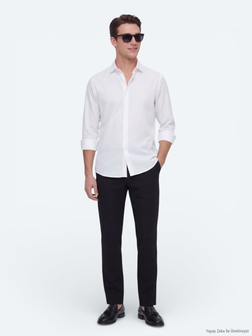 White Plain Regular Fit Long Weaving Casual Shirt - 4