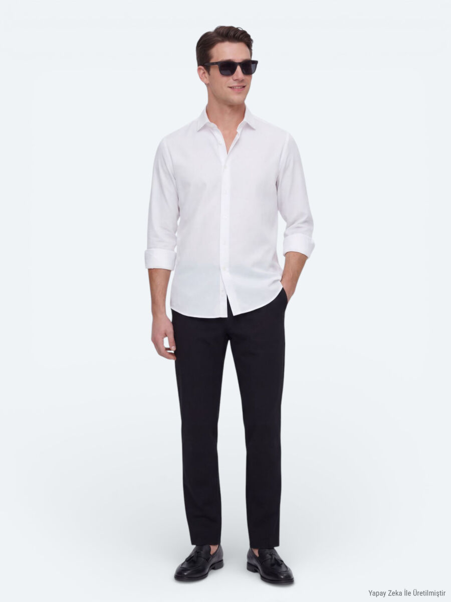 White Plain Regular Fit Long Weaving Casual Shirt - 4