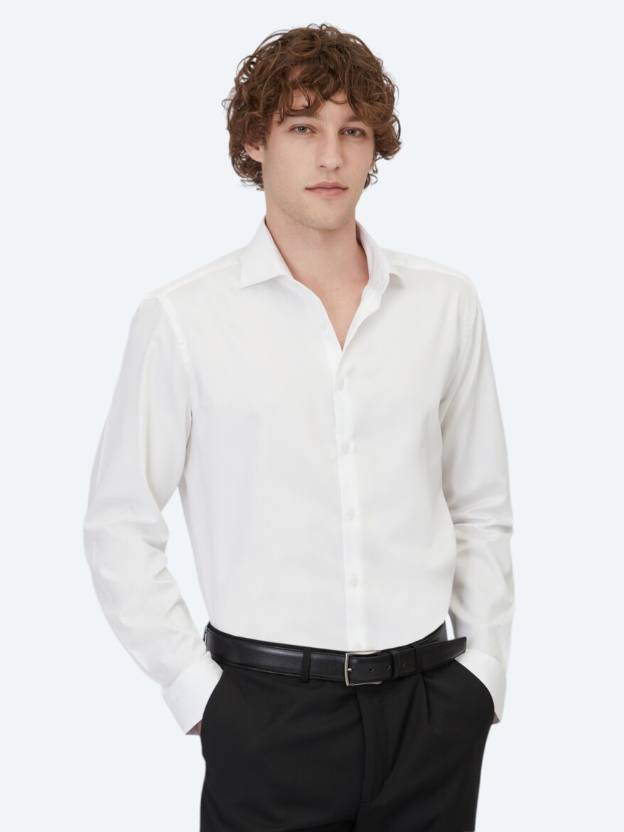 White Plain Regular Fit Long Weaving Classical 100% Cotton Shirt 