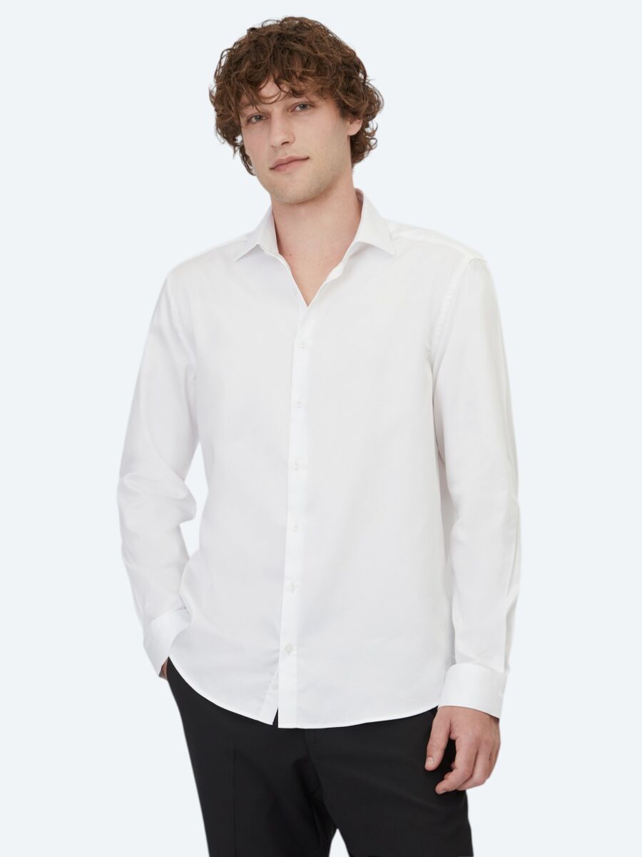 White Plain Regular Fit Long Weaving Classical 100% Cotton Shirt - 3