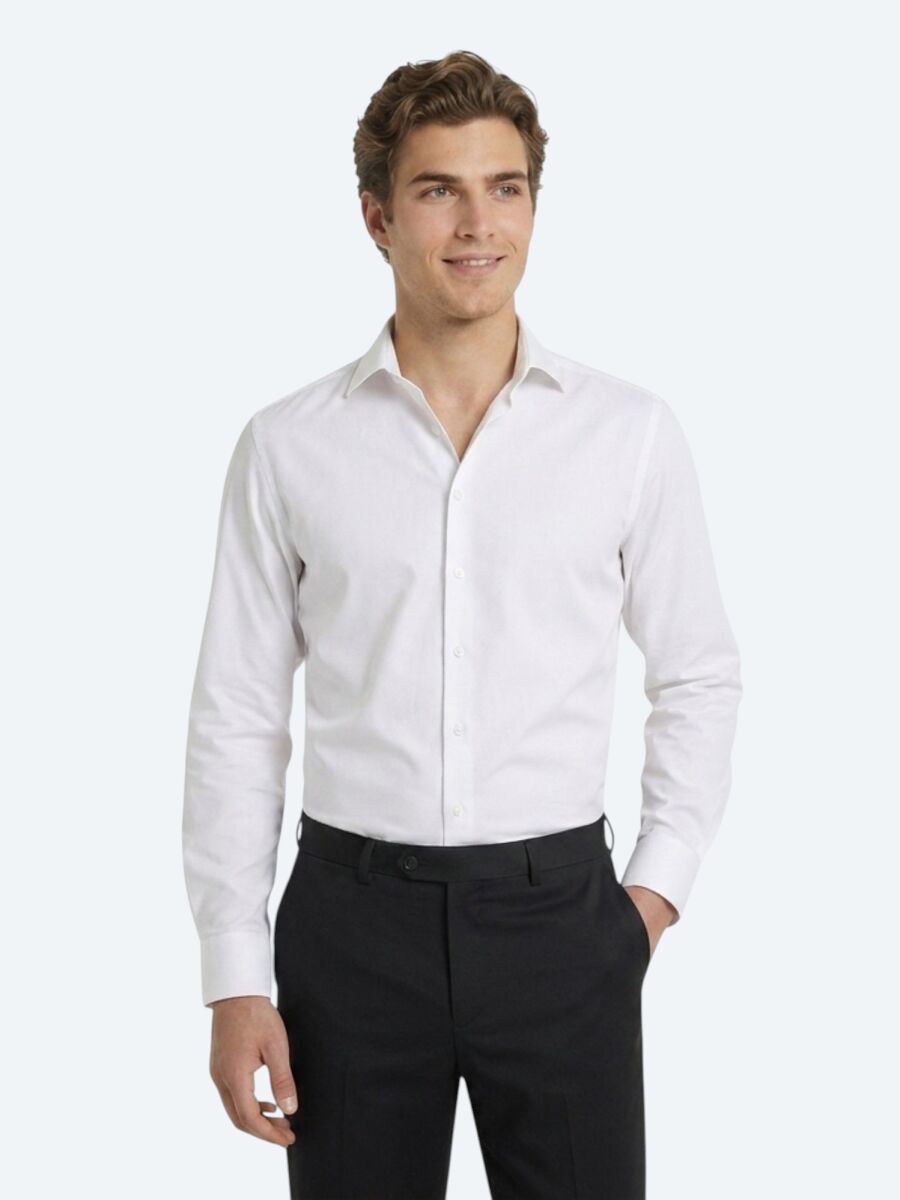 White Plain Regular Fit Long Weaving Classical 100% Cotton Shirt - 1