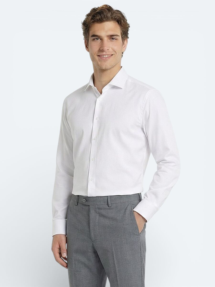White Plain Regular Fit Long Weaving Classical 100% Cotton Shirt - 3