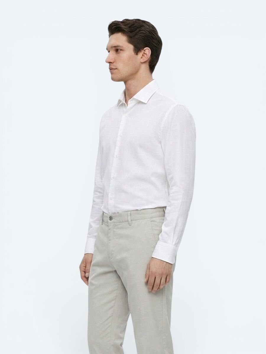 White Plain Regular Fit Long Weaving Classical 100% Cotton Shirt - 1