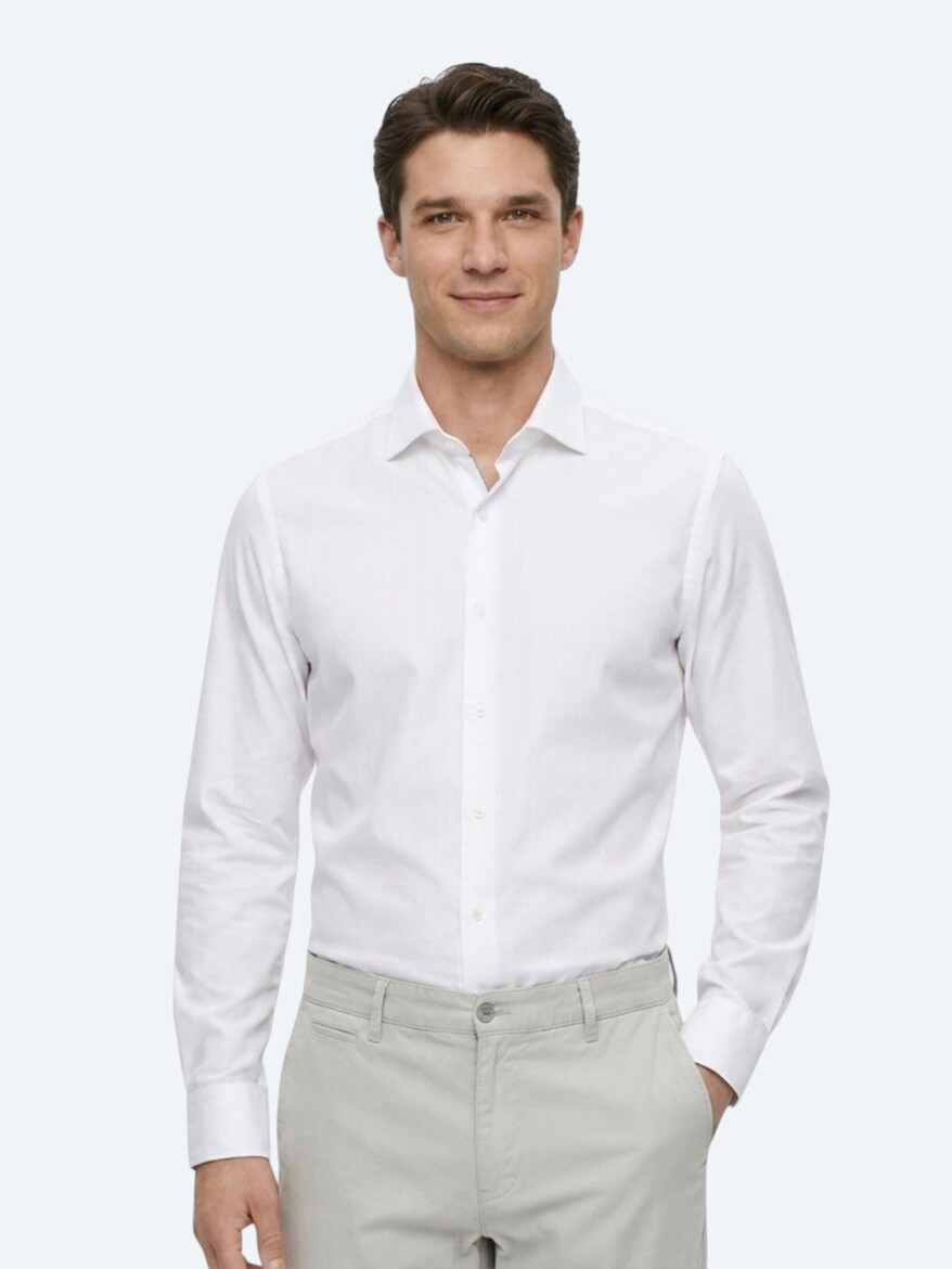 White Plain Regular Fit Long Weaving Classical 100% Cotton Shirt - 3
