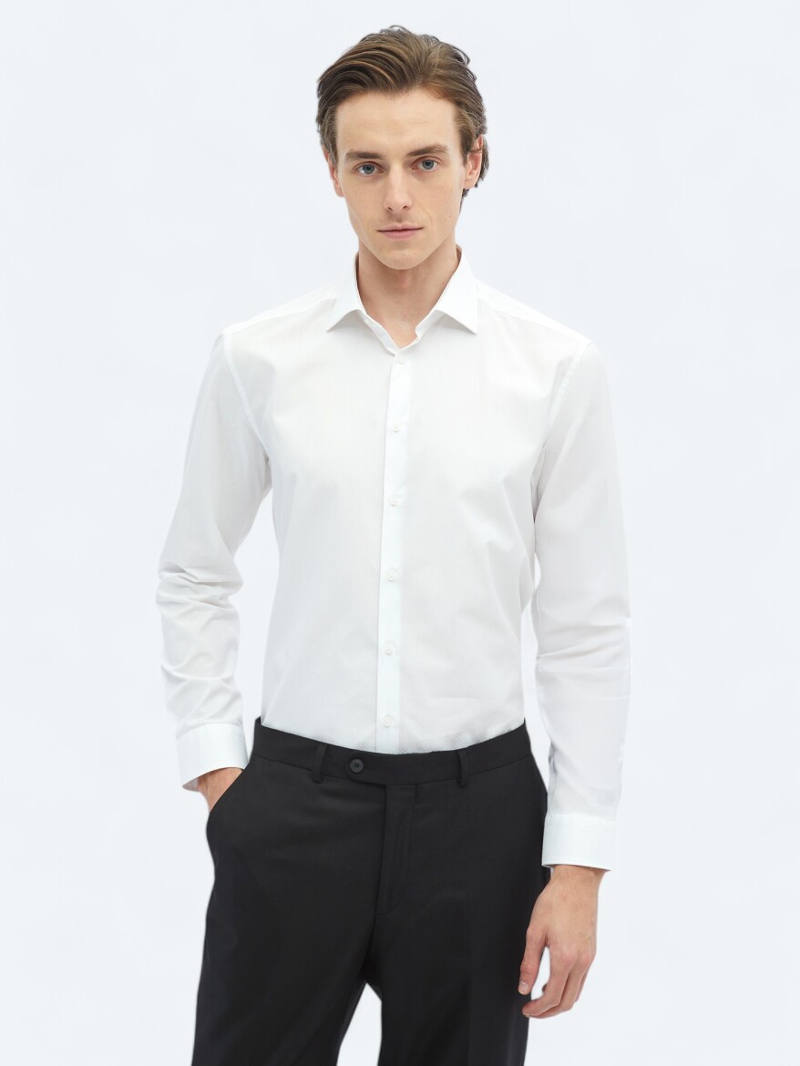 White Plain Regular Fit Long Weaving Classical 100% Cotton Shirt - 1