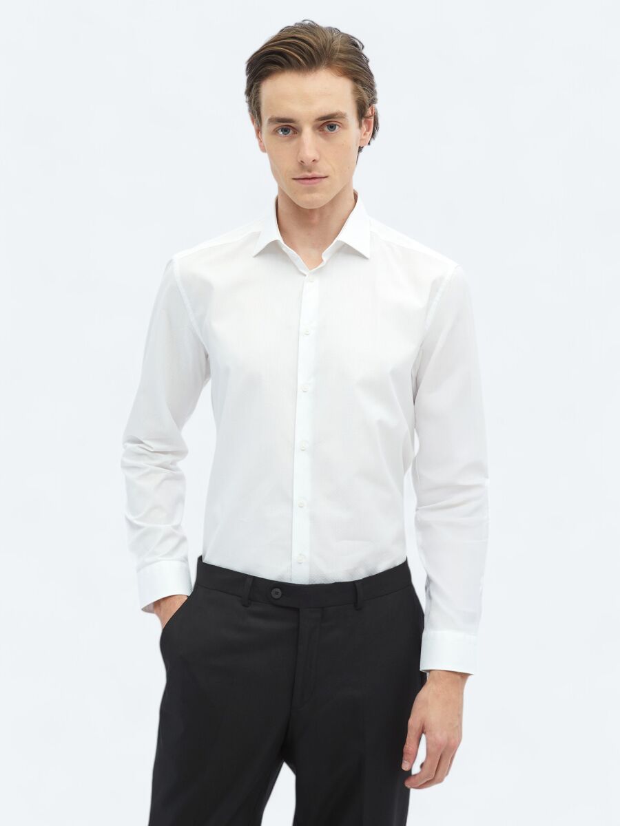 White Plain Regular Fit Long Weaving Classical 100% Cotton Shirt - 1