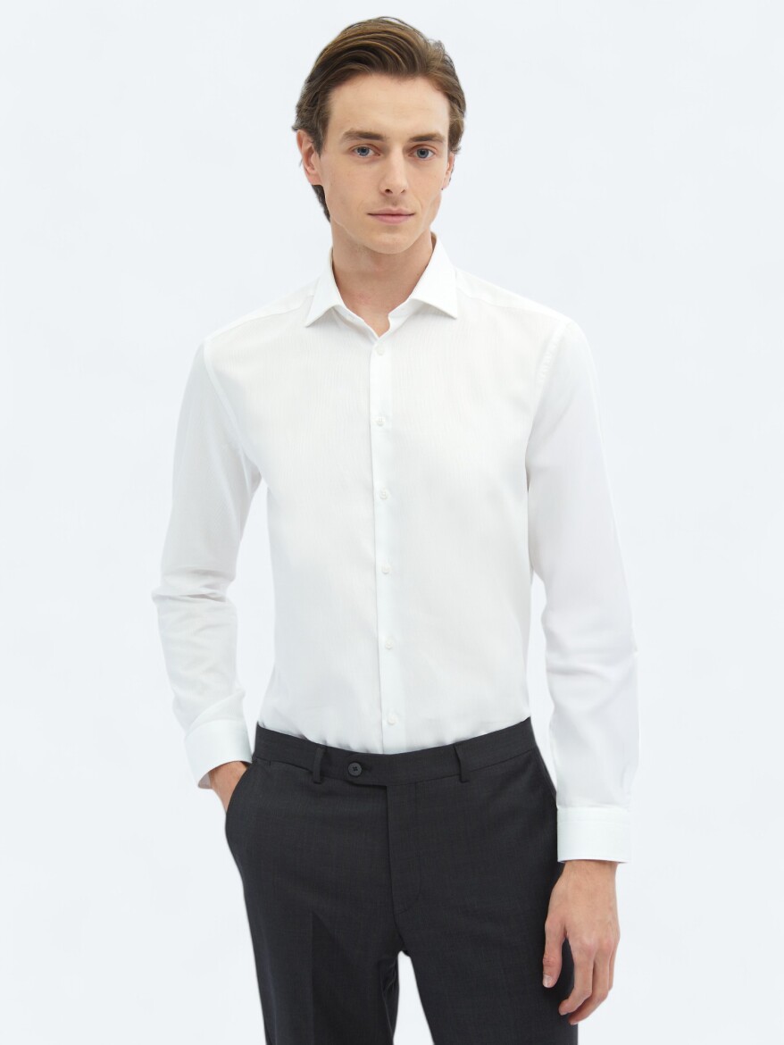 White Plain Regular Fit Long Weaving Classical 100% Cotton Shirt - 1