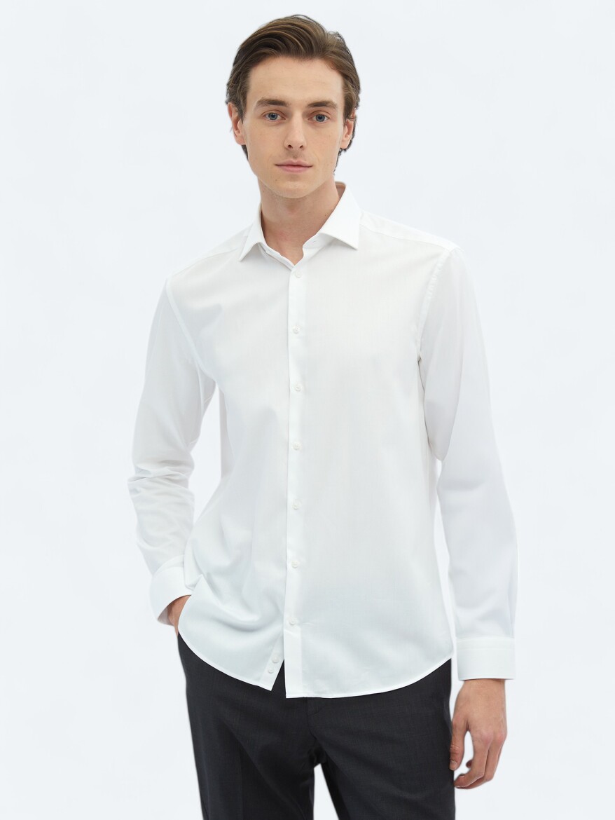 White Plain Regular Fit Long Weaving Classical 100% Cotton Shirt - 3