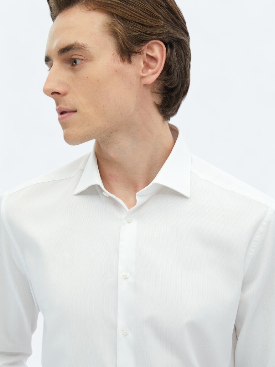 White Plain Regular Fit Long Weaving Classical 100% Cotton Shirt - 5