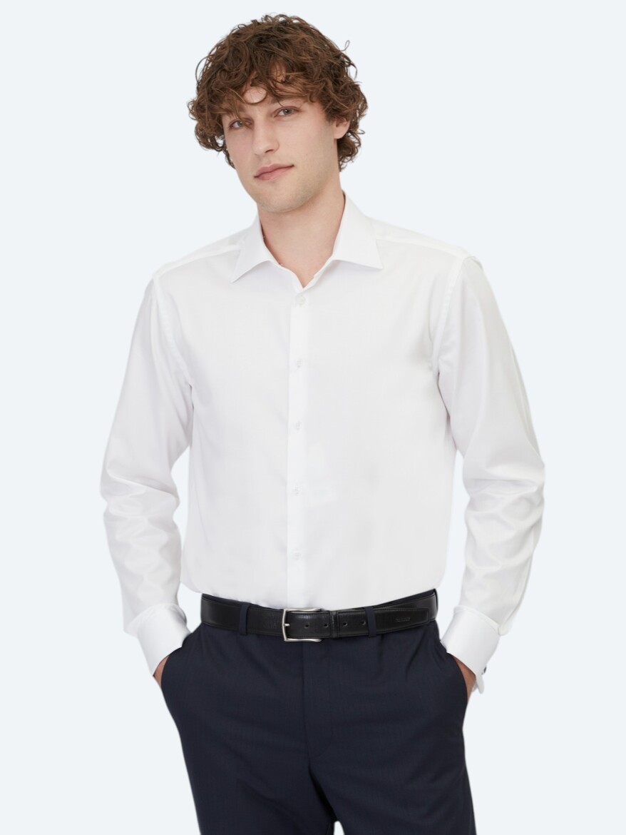 White Plain Regular Fit Long Weaving Classical 100% Cotton Shirt - KİP