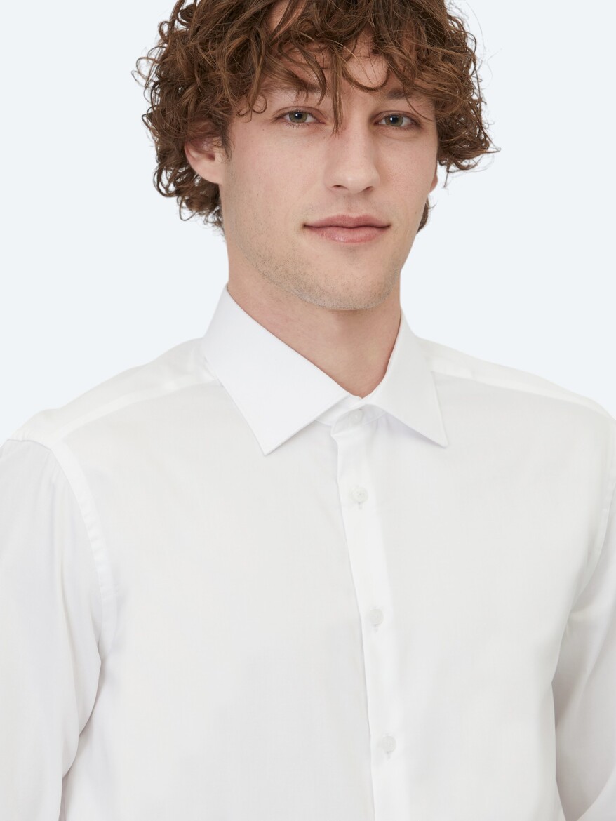 White Plain Regular Fit Long Weaving Classical 100% Cotton Shirt - 3