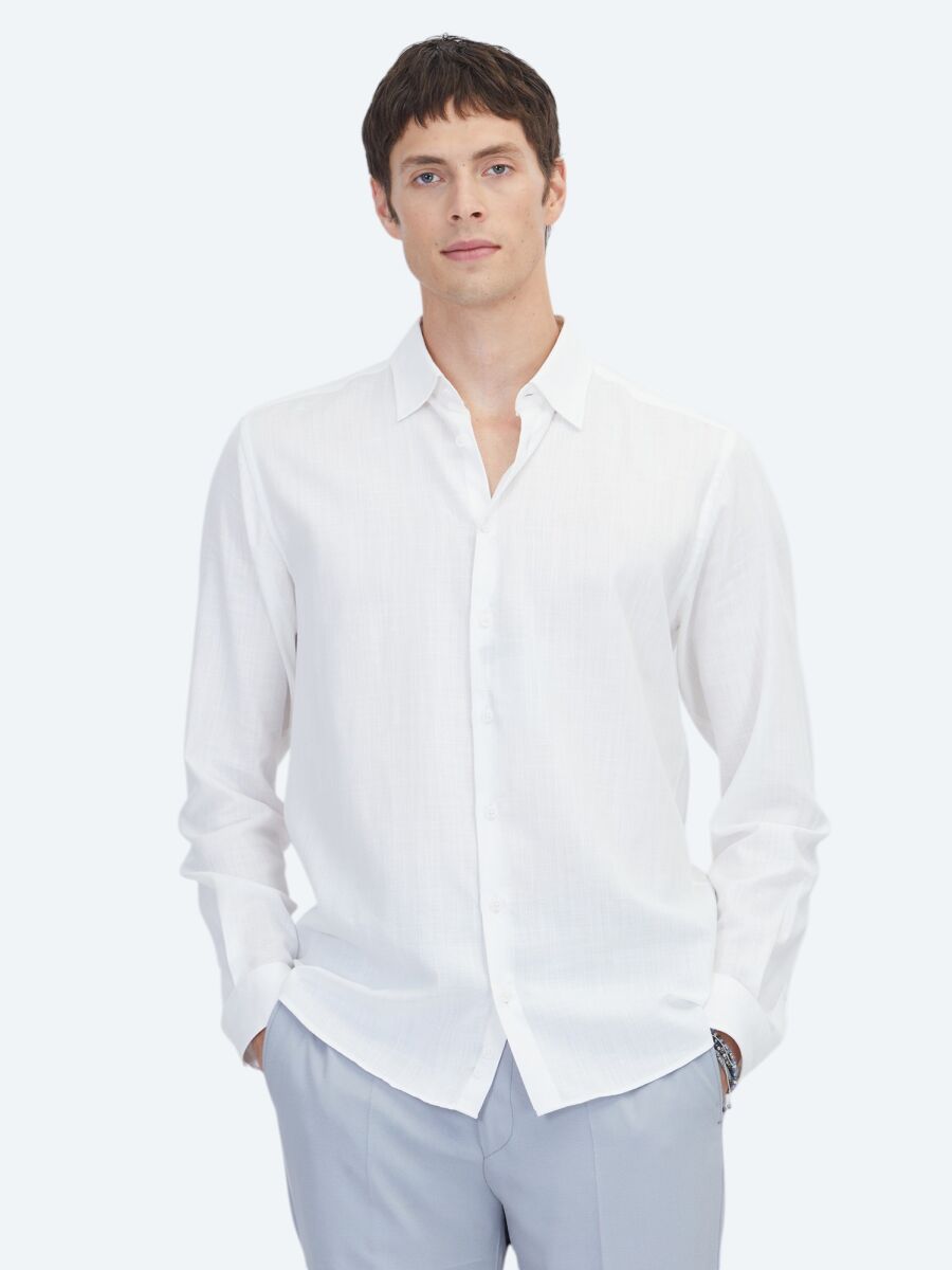 White Plain Regular Fit Long Weaving Classical 100% Cotton Shirt - 1
