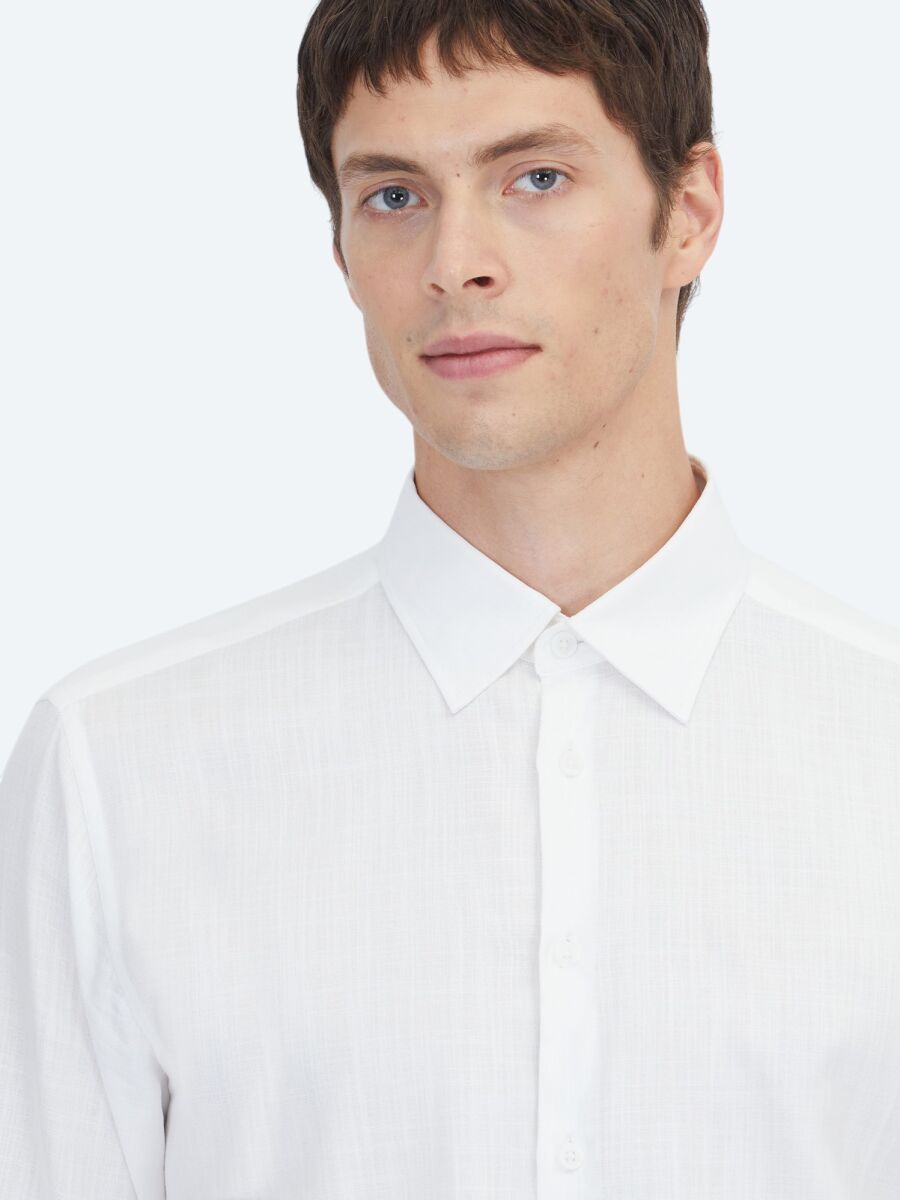 White Plain Regular Fit Long Weaving Classical 100% Cotton Shirt - 3