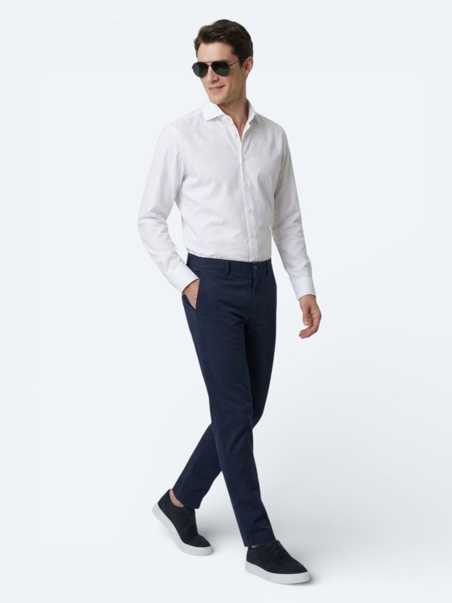 White Plain Regular Fit Long Weaving Classical Cotton Blended Shirt - 3