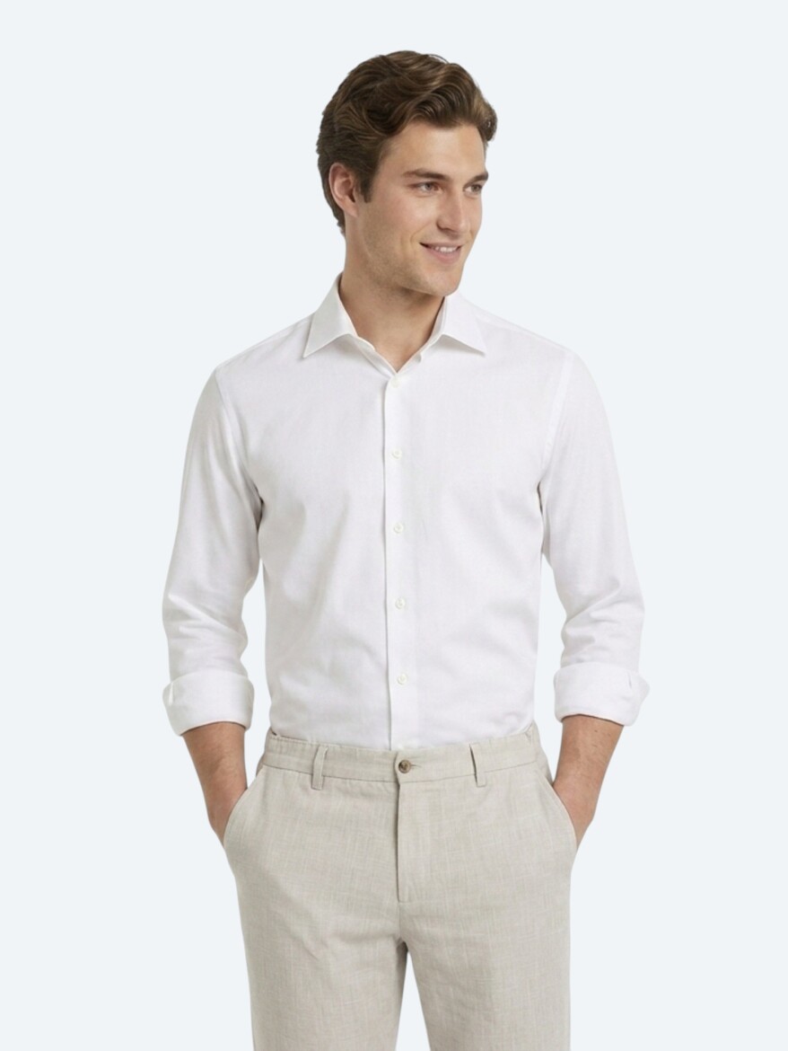 White Plain Regular Fit Long Weaving Classical Cotton Blended Shirt - KİP