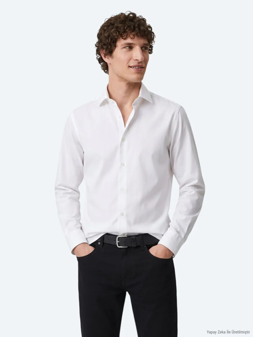 White Plain Regular Fit Long Weaving Classical Shirt - 5
