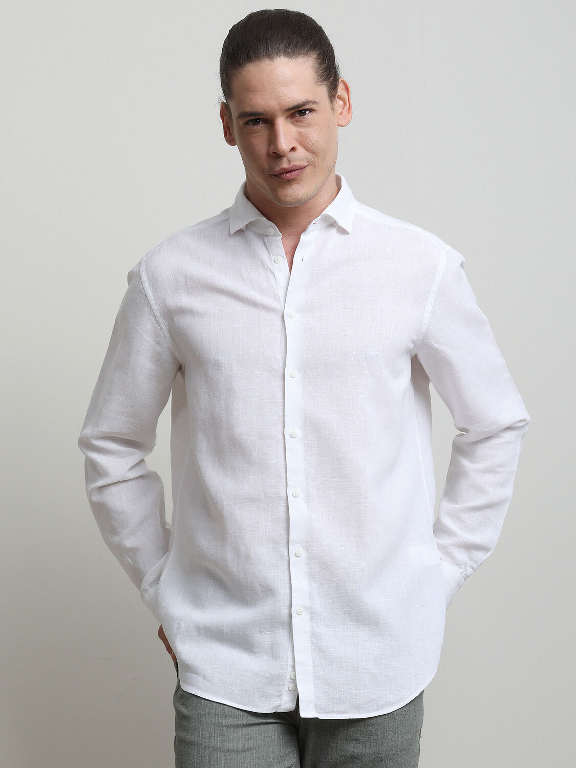 White Plain Regular Fit Weaving Casual Cotton Blended Shirt - 1