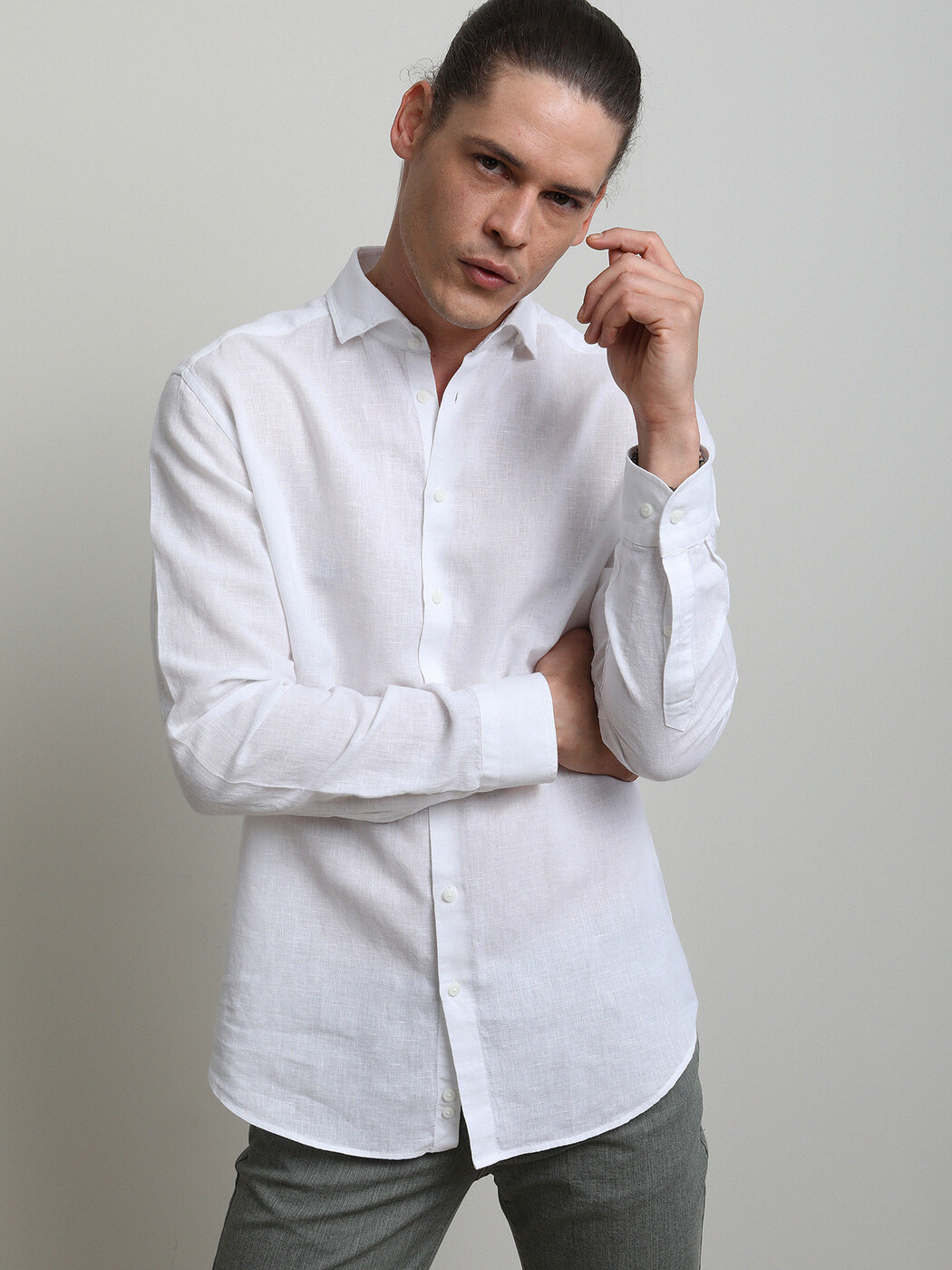 White Plain Regular Fit Weaving Casual Cotton Blended Shirt - 4
