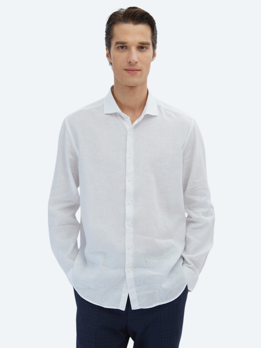 White Plain Regular Fit Weaving Casual Cotton Blended Shirt - 1
