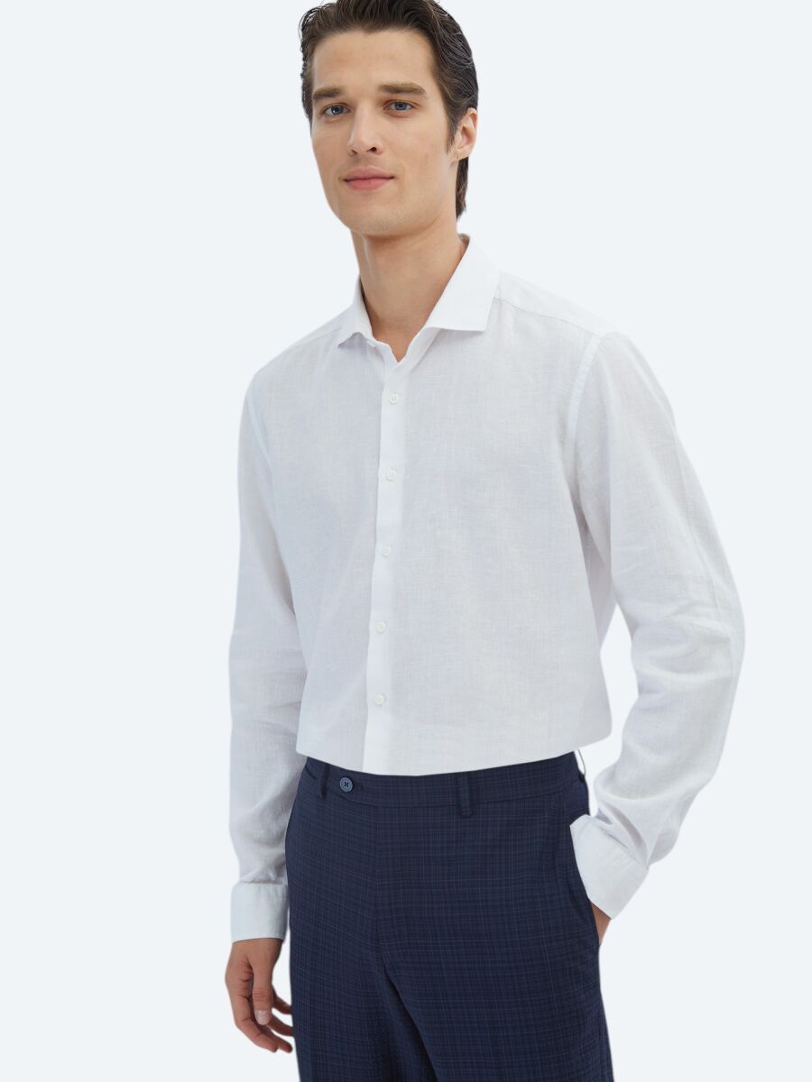 White Plain Regular Fit Weaving Casual Cotton Blended Shirt - 3