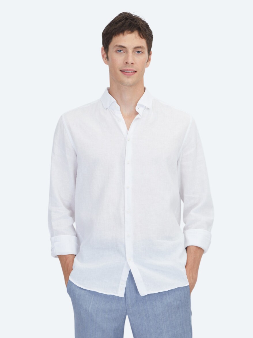 White Plain Regular Fit Weaving Casual Cotton Blended Shirt 