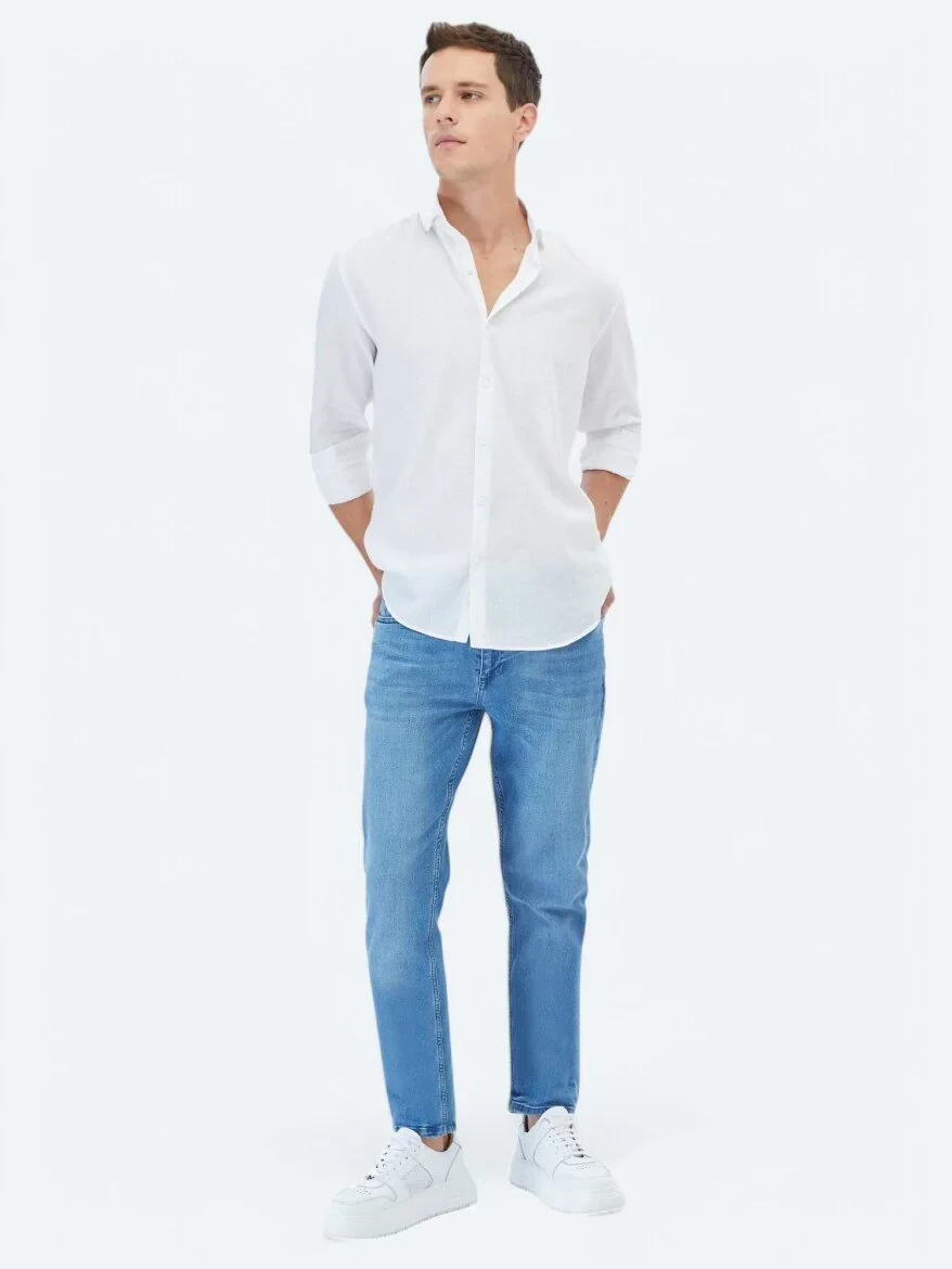 White Plain Regular Fit Weaving Casual Cotton Blended Shirt - 2