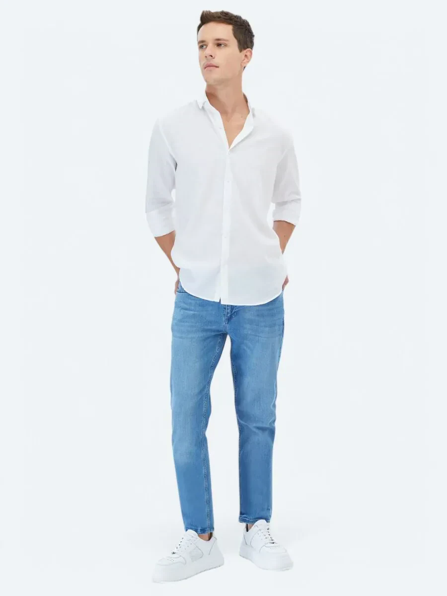 White Plain Regular Fit Weaving Casual Cotton Blended Shirt - 2