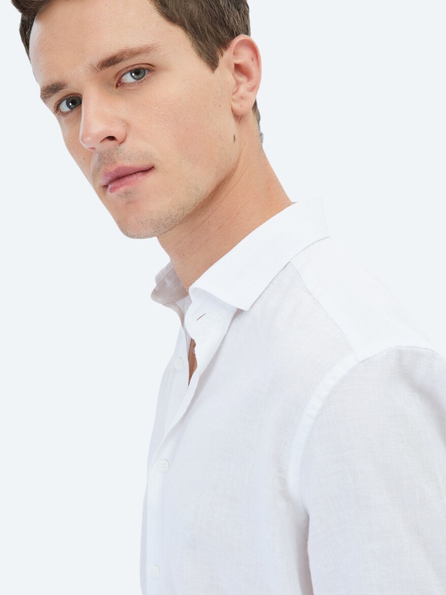 White Plain Regular Fit Weaving Casual Cotton Blended Shirt - 4