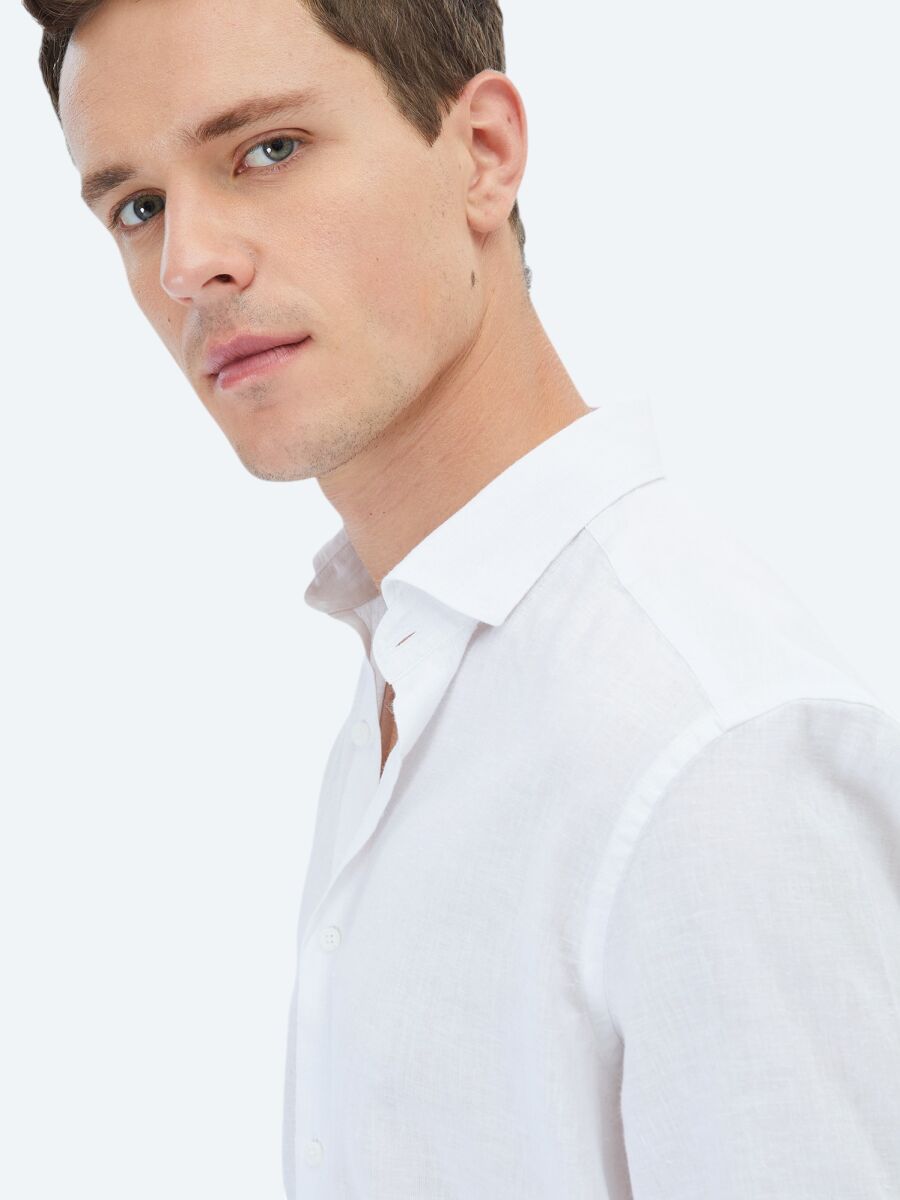 White Plain Regular Fit Weaving Casual Cotton Blended Shirt - 4