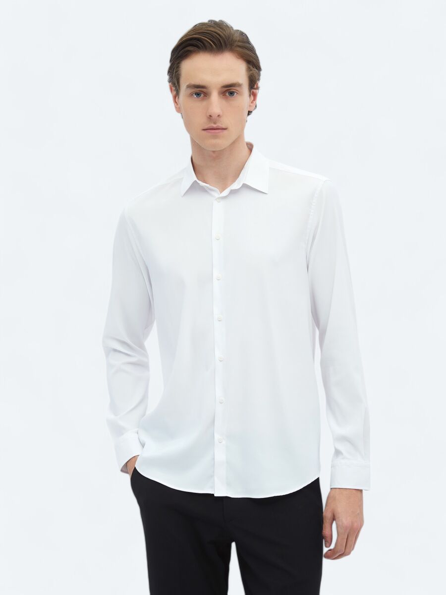 White Plain Regular Fit Weaving Casual Shirt - 1