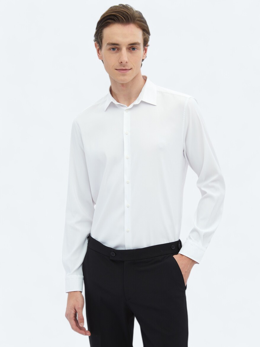 White Plain Regular Fit Weaving Casual Shirt - 3