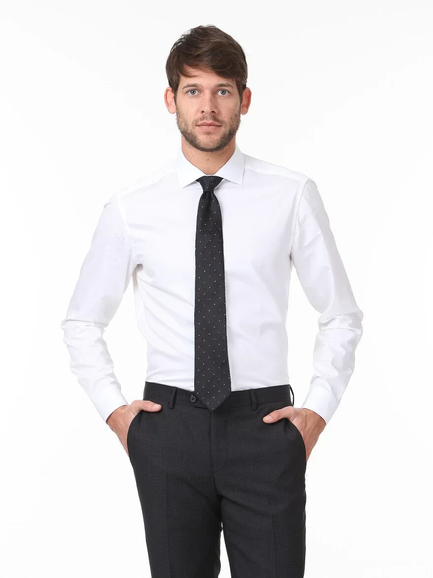 White Plain Regular Fit Weaving Classical 100% Cotton Shirt - 1