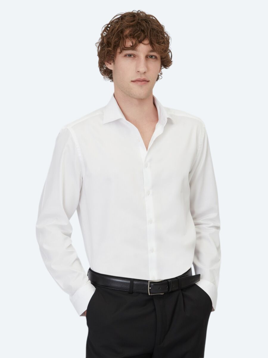 White Plain Regular Fit Weaving Classical 100% Cotton Shirt - 1