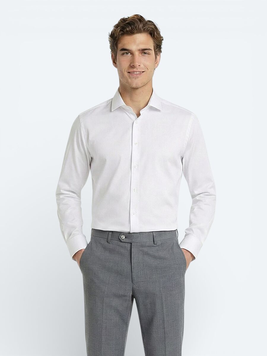 White Plain Regular Fit Weaving Classical 100% Cotton Shirt - 2