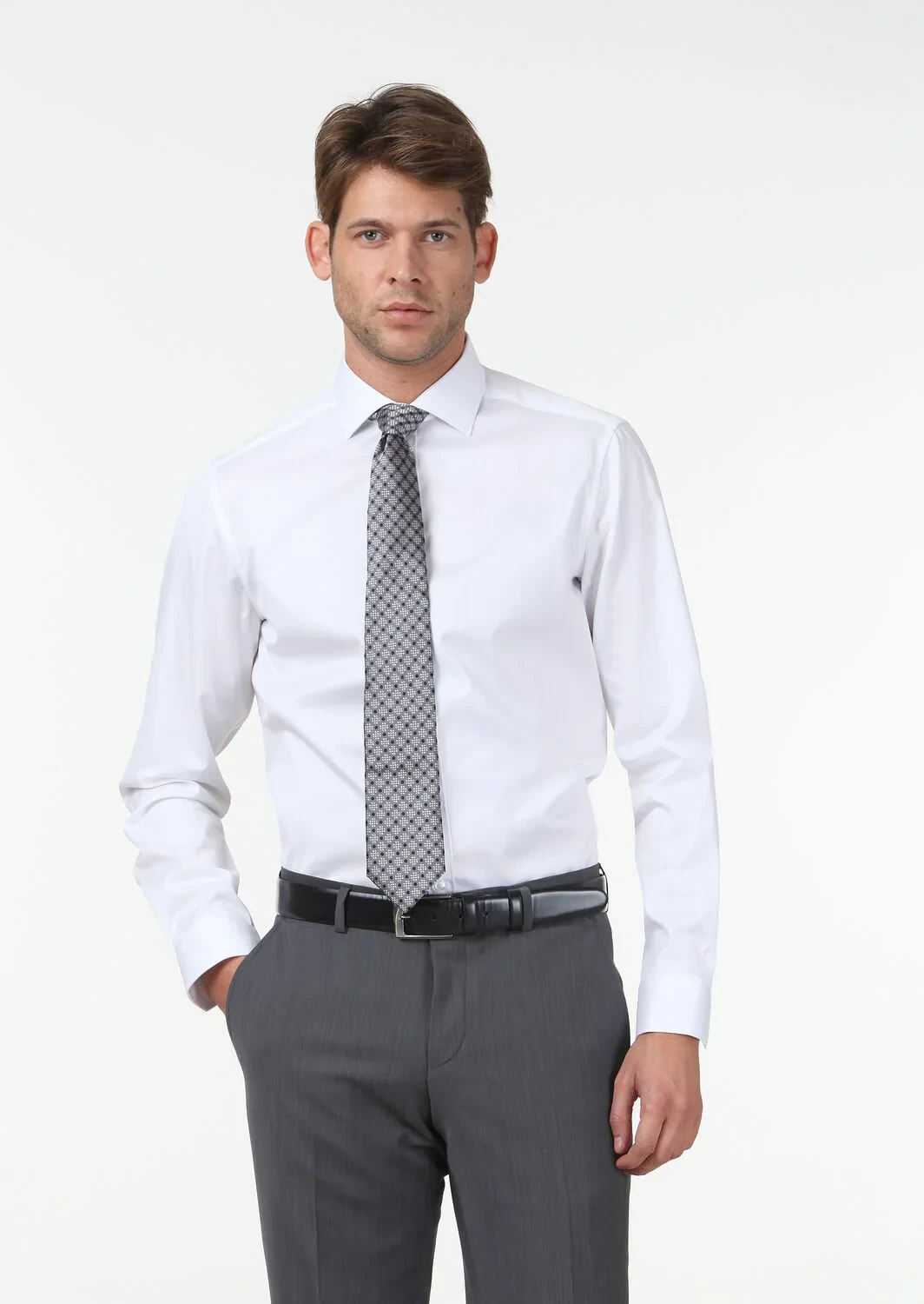 White Plain Regular Fit Weaving Classical 100% Cotton Shirt - 1