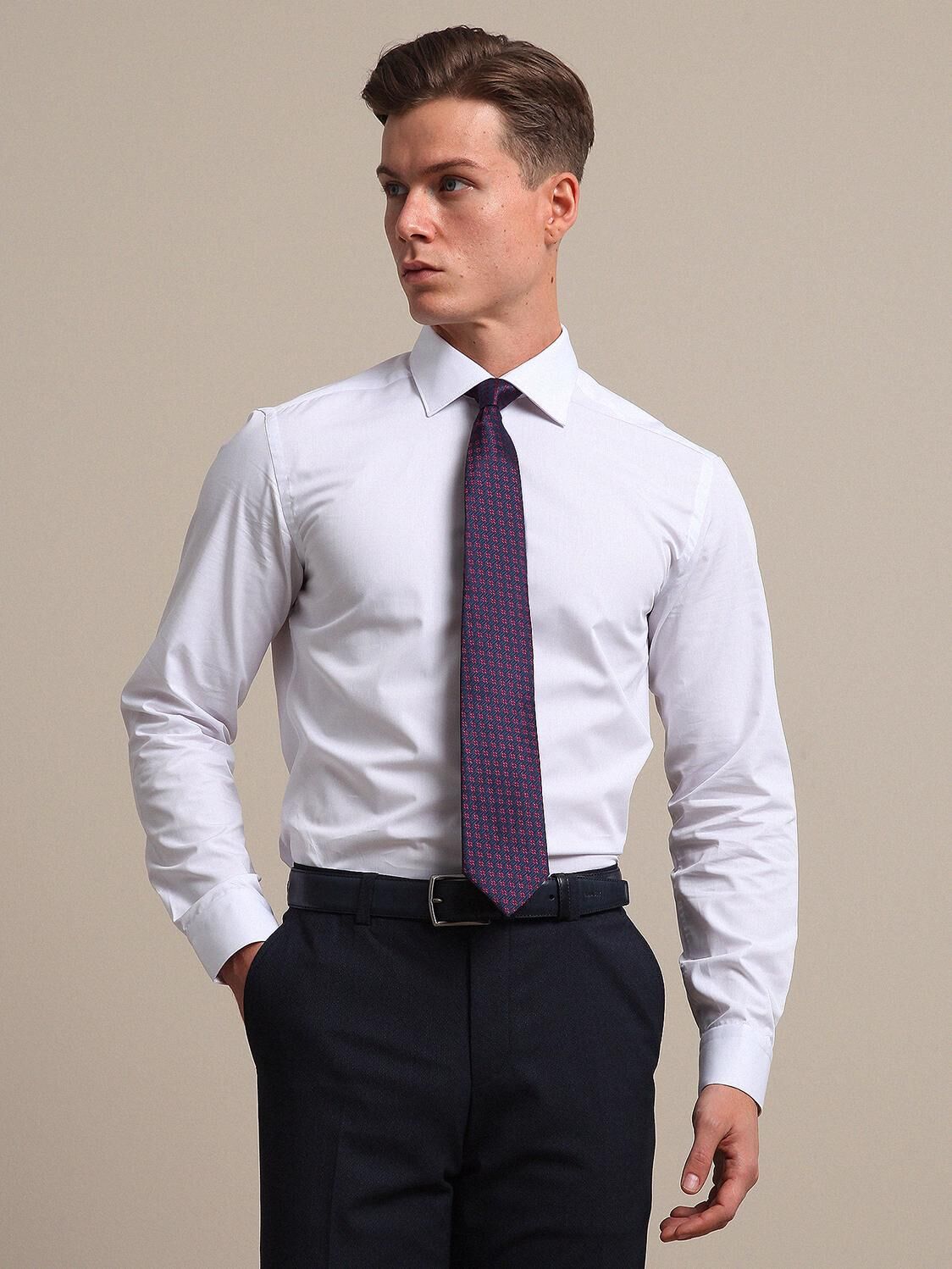 White Plain Regular Fit Weaving Classical 100% Cotton Shirt - 1