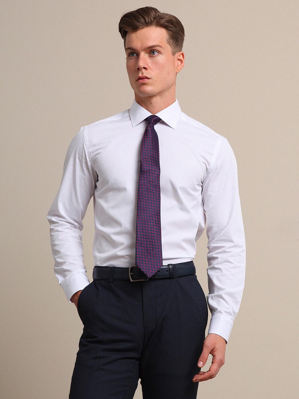 White Plain Regular Fit Weaving Classical 100% Cotton Shirt - 3