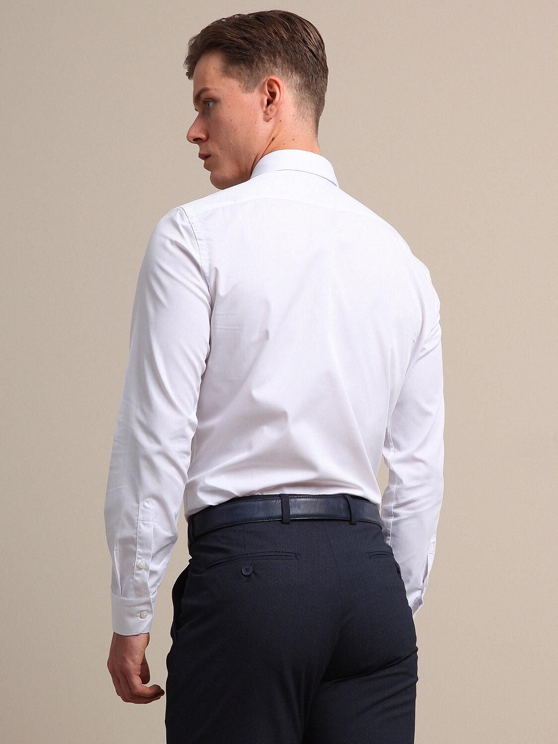 White Plain Regular Fit Weaving Classical 100% Cotton Shirt - 4