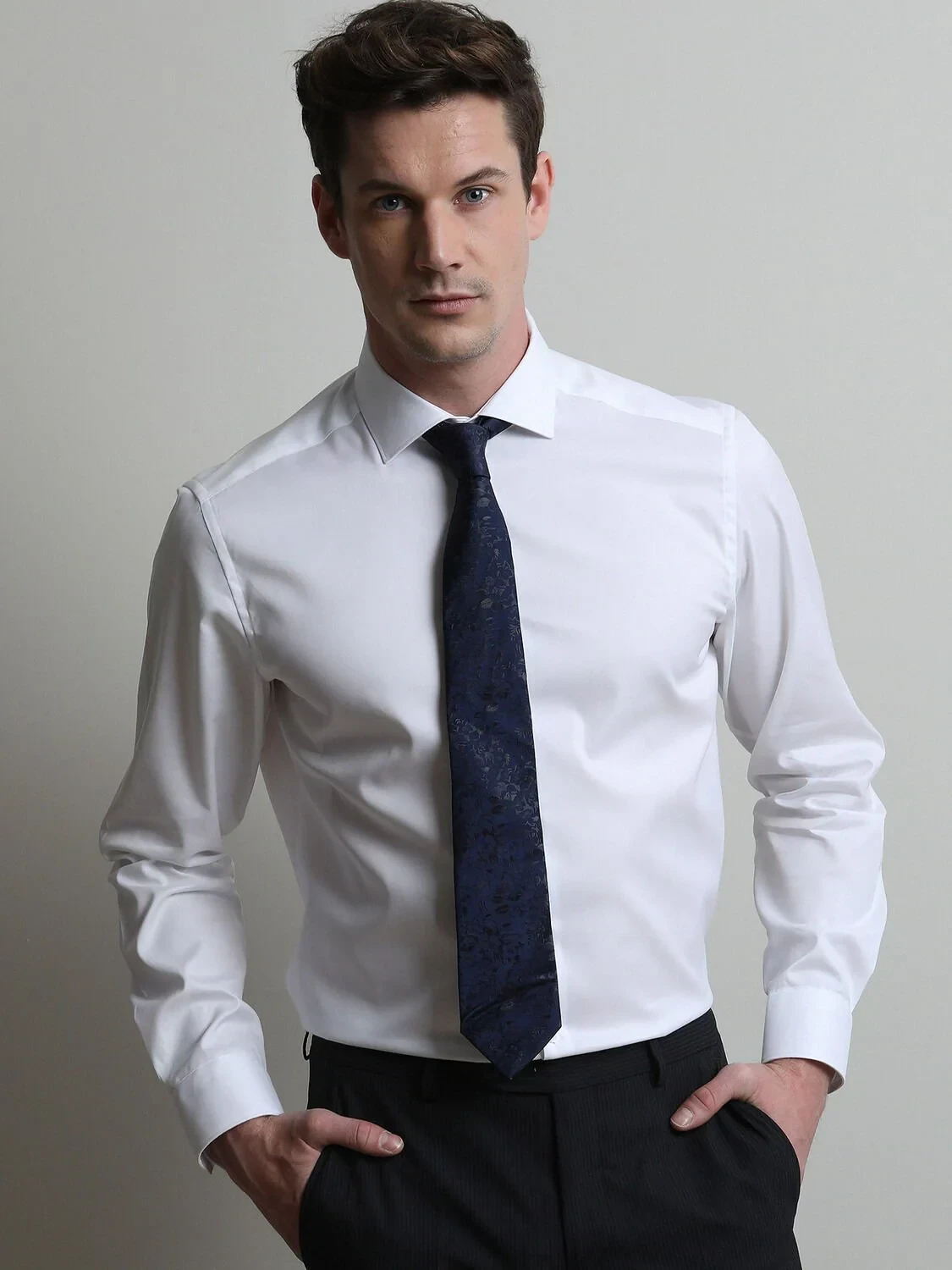 White Plain Regular Fit Weaving Classical 100% Cotton Shirt - 3